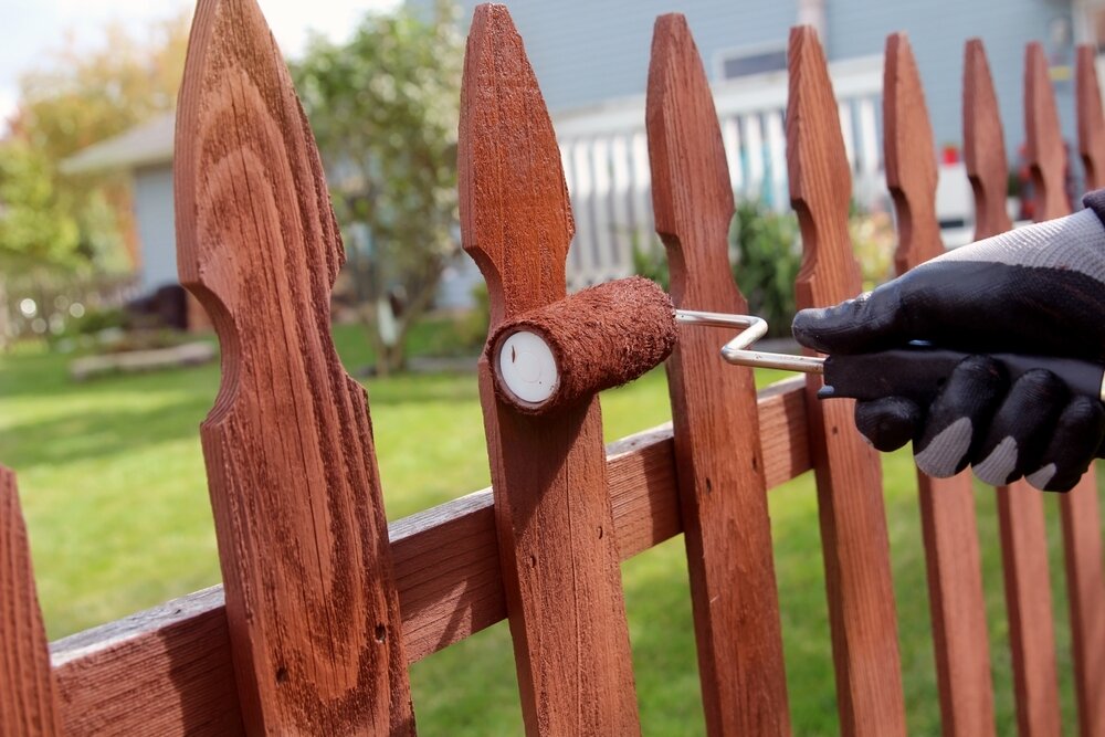 Fence Painting. Man Is Painting Wooden Fence With Brown Paint Outside.