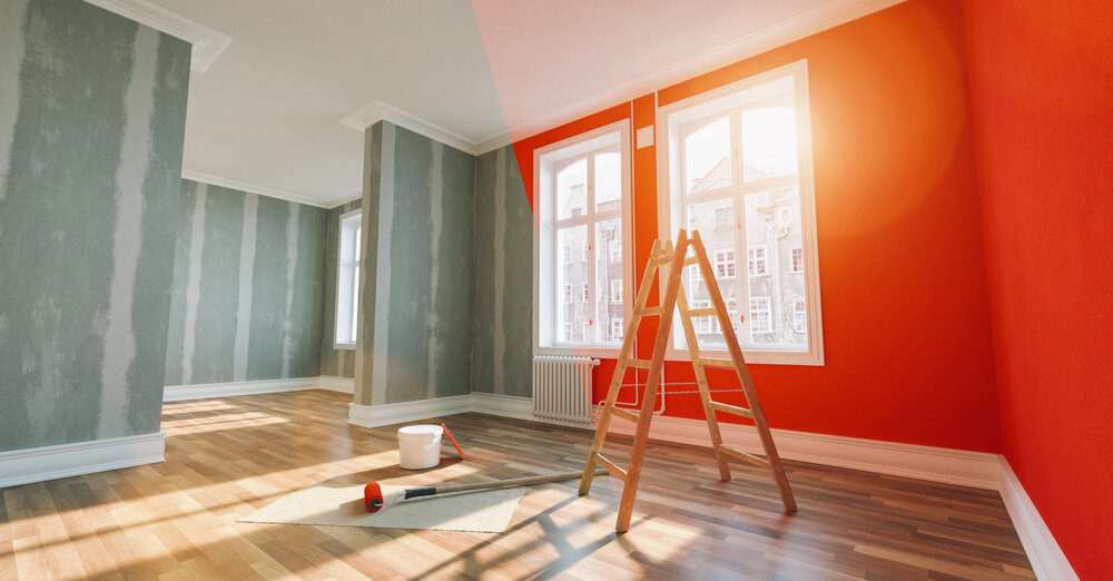 Interior Painting. Painting Wall Red In Room Before And After image.