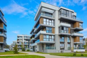 Residential Painting. condos downtown. New modern block of flats in green area. residential apartment with flat buildings exterior. luxury house complex. 